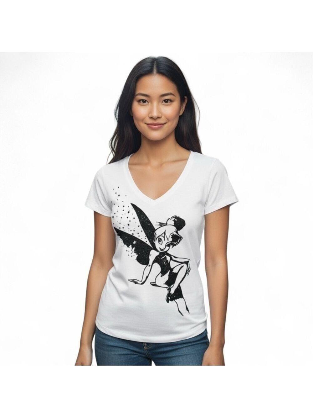 Disney Tinkerbell V-Neck T-Shirt Medium White Graphic Tee